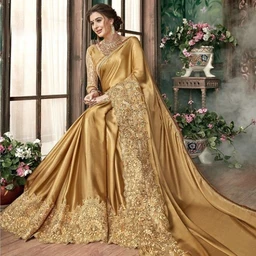 Golden Party Wear Saree – Women Golden Embroidered Saree with Heavy Border for Wedding